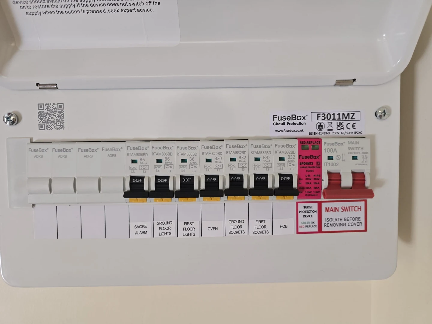 Installed consumer unit with circuit labels and surge protection